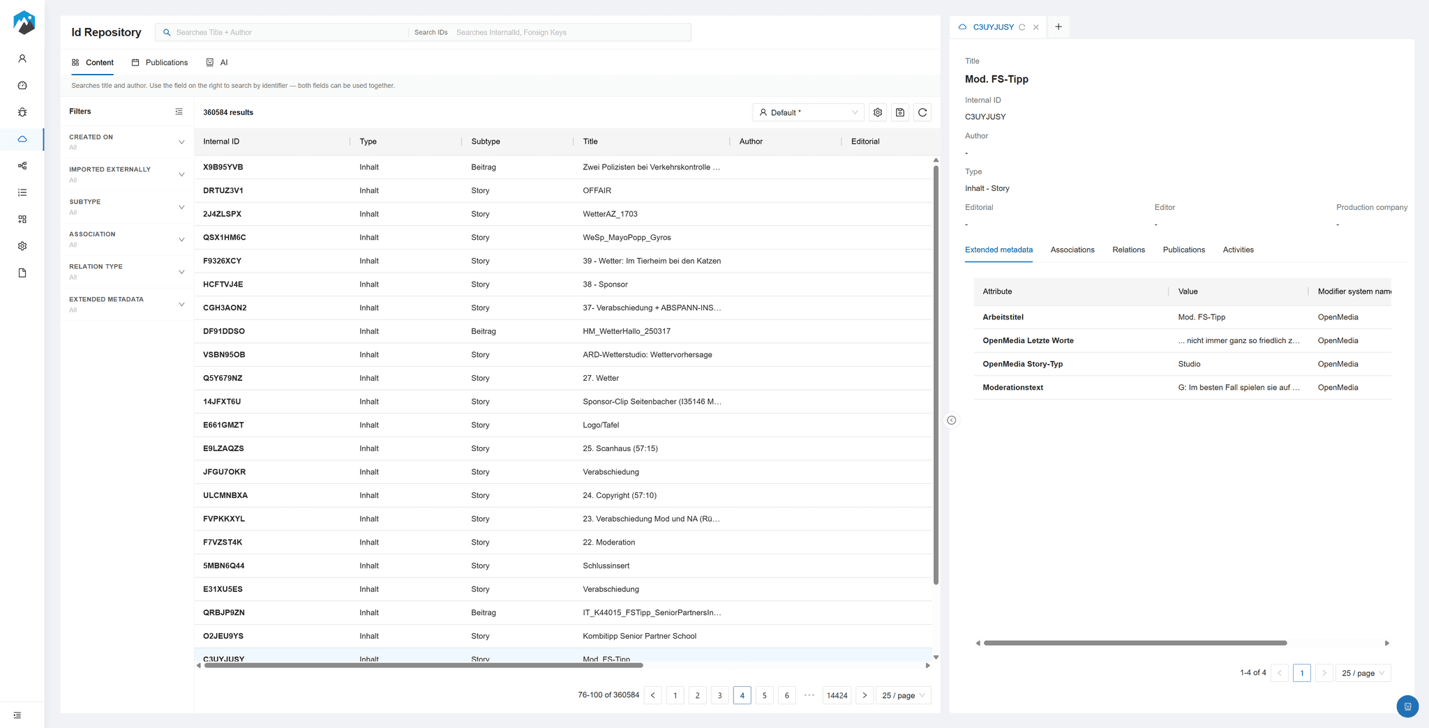MMI ID Repository - content overview and metadata panel